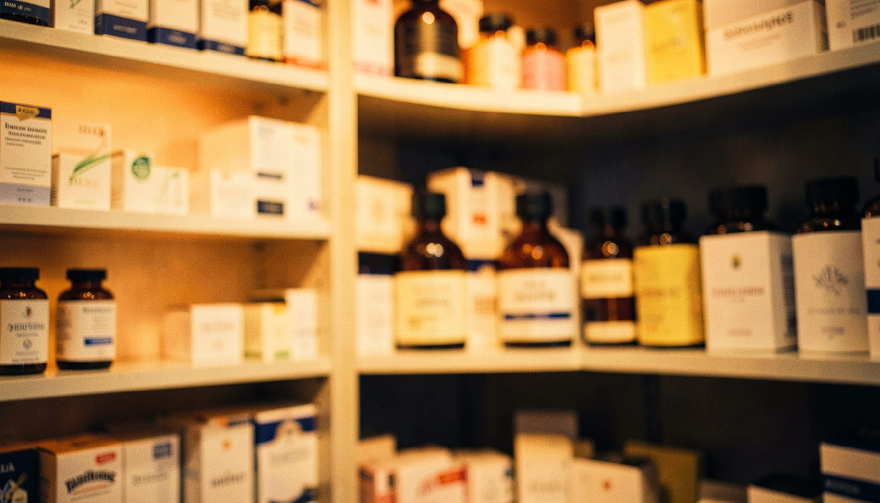 Softly lit pharmacy shelves with amber glass bottles and white packaging, warm cream and deep navy tones, shallow focus on the foreground products.