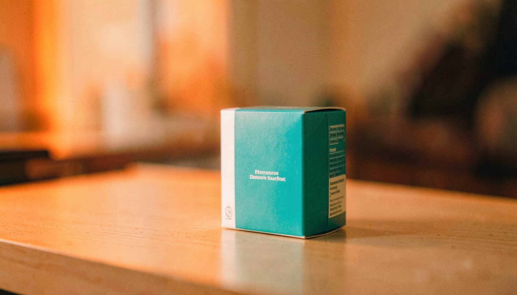 A sleek pharmaceutical carton in teal and white, resting on a minimalist desk with blurred background.