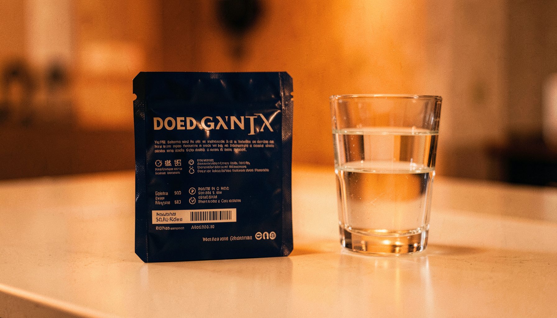 A higher-dosage medication pack in deep blue and silver, placed beside a glass of water on a clean counter.